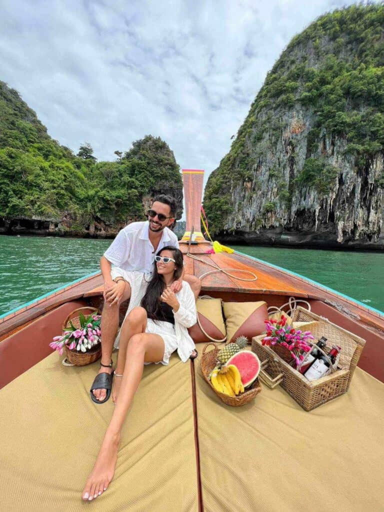 A luxury longtail boat tour in Krabi, offering a resort-like experience on the water.