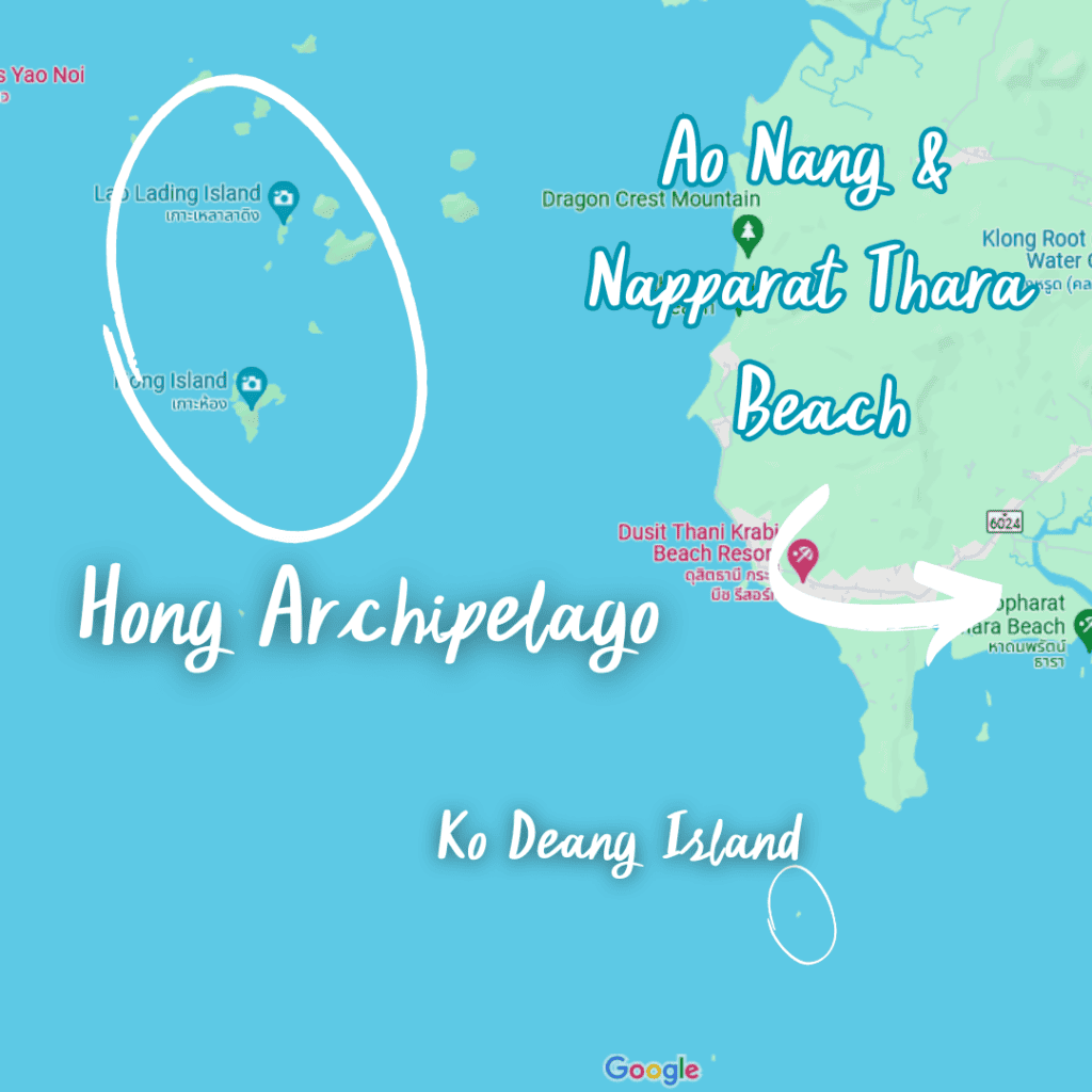 Map of Hong islands, Deang island, and Nopparat Thara beach, Krabi, Thailand by Thavel CoCo.